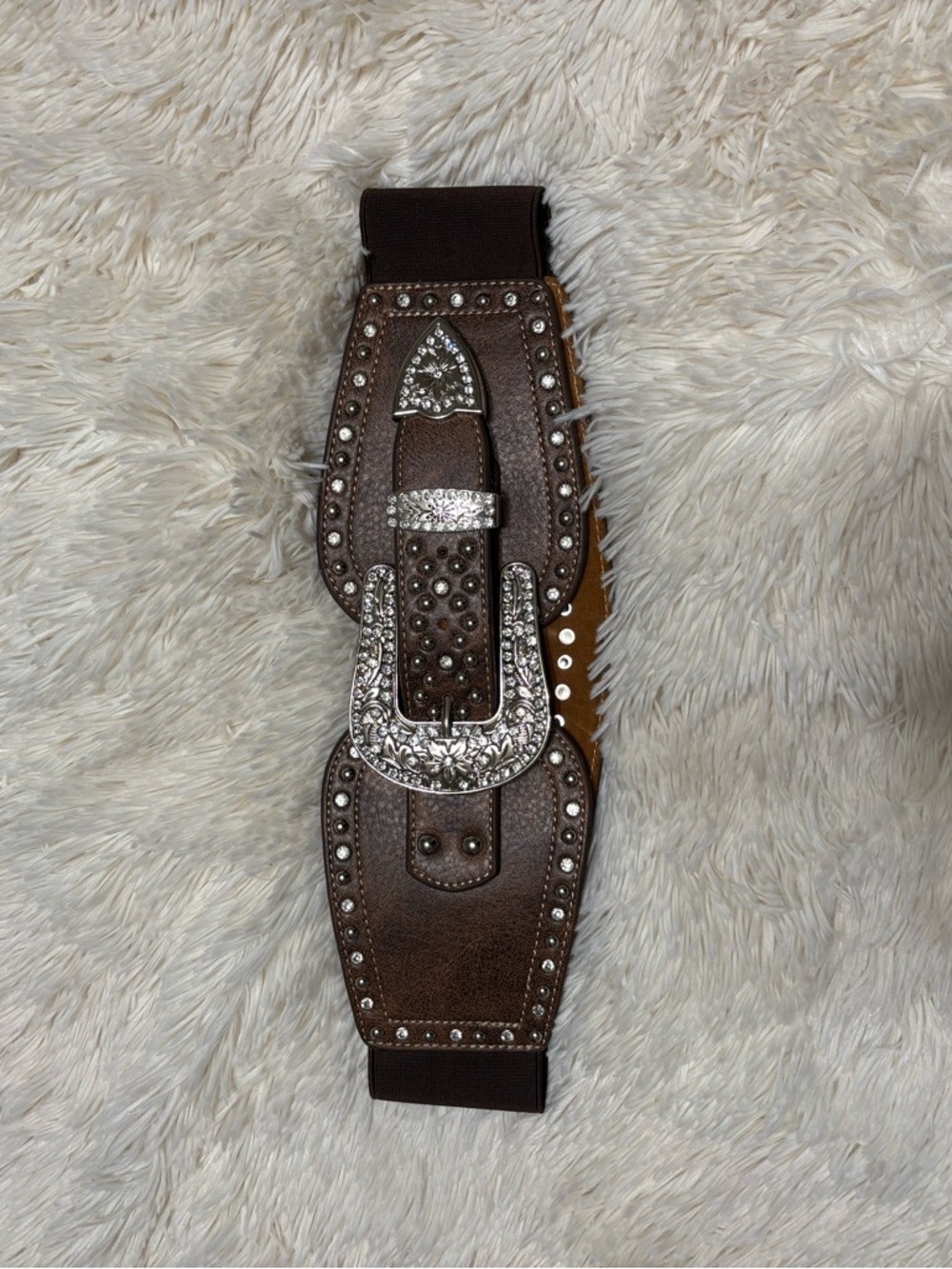 Montana West Brown Stretch Belt with Ornate Silver Buckle